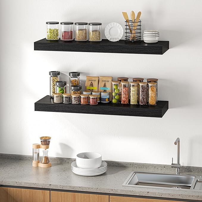 Dreamland 40" Floating Shelves for Wall, 12" Deep Thicker Black Floating Shelves, Wall-Mounted Shelves for Bedroom, Living Room, Kitchen, Bathroom - Set of 2