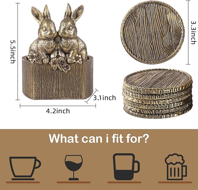 Cabin Coasters Set 6 Full Size Non-Slip Bar Coasters, Indoor Christmas Decorations, Man Cave Gifts for Men, Rustic Handmade Decor for The Home (Rabbit)