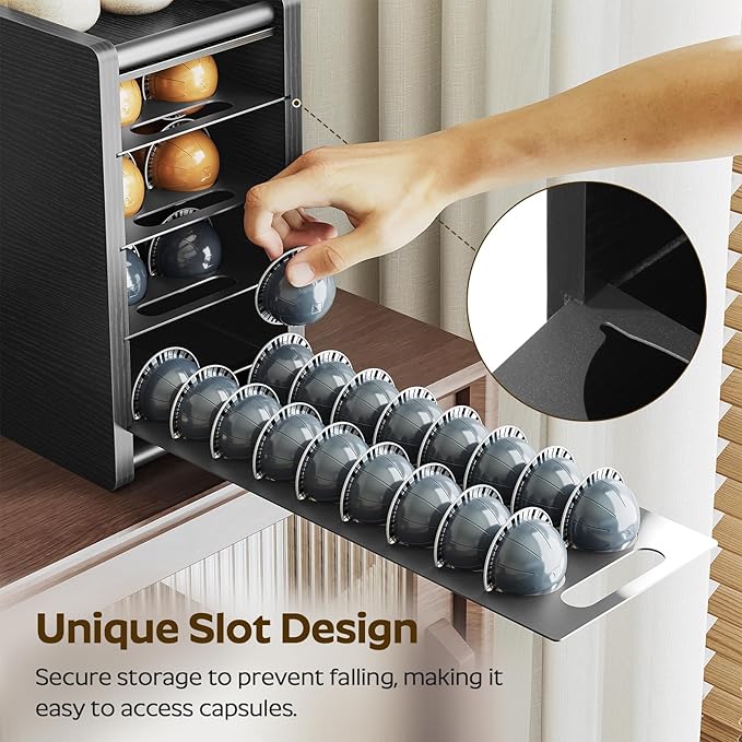 Coffee Pod Drawer Holder, 72 Pods Large Capacity, 4 Tier Holder for Vertuo, Coffee Pod Organizer for Countertop, Storage Rack for Nespresso Vertuo Pods, Space Saving, Black KH06BB