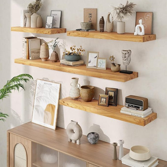 Floating Shelves, 8" Deep Rustic Solid Elm Wood Wall Mounted Floating Shelves, Wall Shelves with Invisible Bracket for Living Room Bathroom Bedroom Kitchen, 24 Inch Set of 2, Natural