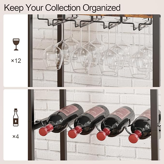 Bar Cart, Home Bar Serving Cart, Mobile Kitchen Carts with Wheels, Small Rolling Cart with Wine Rack and Glass Holders, Rolling Beverage Cart for Kitchen, Dining Room, Living Room, Rustic Brown