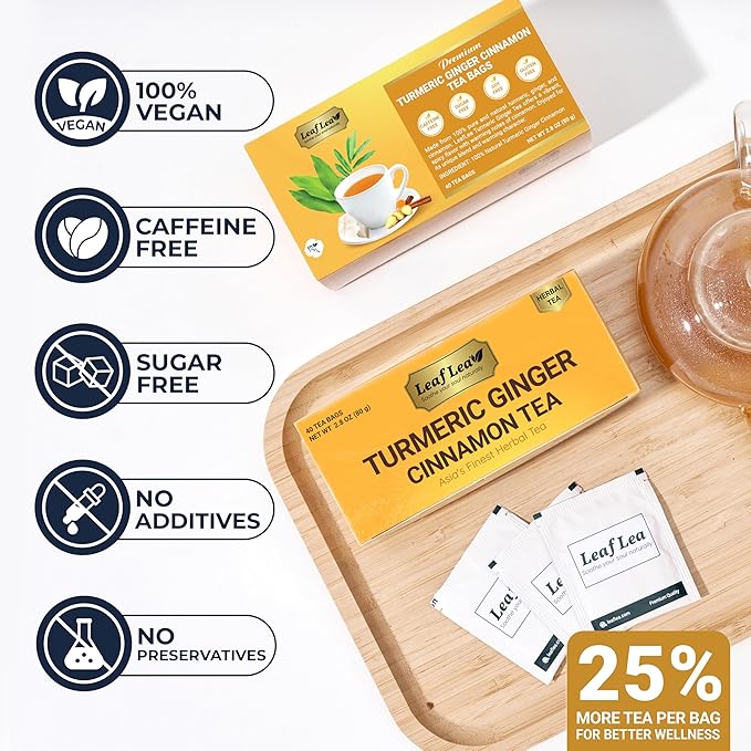 LeafLea Turmeric Tea with Ginger and Cinnamon, 80 Premium Turmeric Ginger Tea Bags, 100% Natural Ingredients Herbal Tea, Vegan, No Sugar, Caffeine-Free, Each Tea Bag Sealed for Fresh Flavor