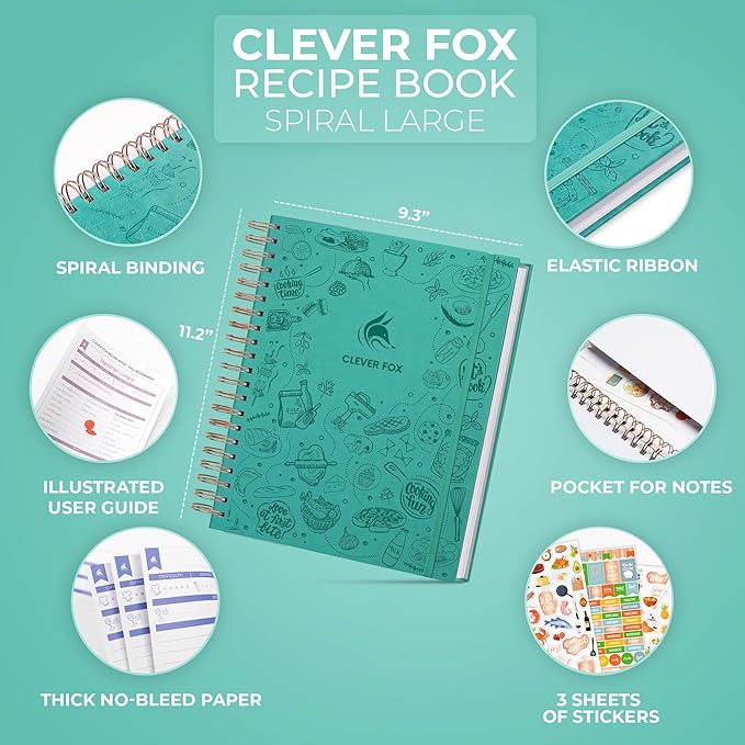 Clever Fox Recipe Book Spiral – Blank Family Cookbook – Empty Cooking Journal – Notebook Organizer to Write In Recipes – Large (Turquoise)