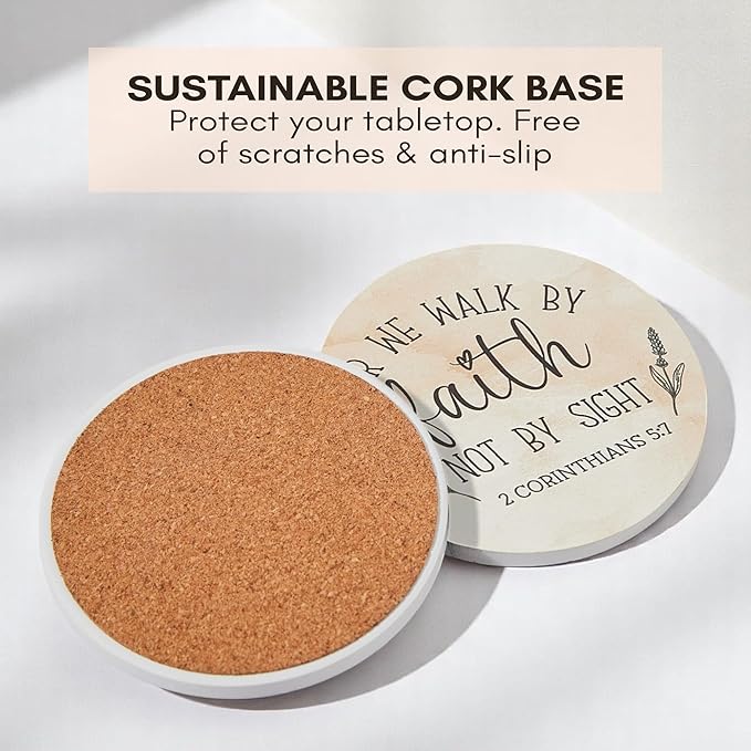 Christian Coasters Set of 6 with Holder– Ceramic Absorbent Drink Coasters for Coffee Table Desk, Modern Cute Moisture Absorbing Coasters, Christian Gifts Alternative to Cork, Silicone or Glass Coaster