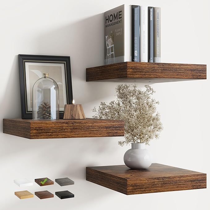 Floating Shelves for Wall with Invisible Brackets, Wall Mounted Engineered Wood Shelves with Wood Grain for Living Room, Bathroom, Kitchen Decor and Storage, Oak, 12"L Set of 3, Rustic Brown