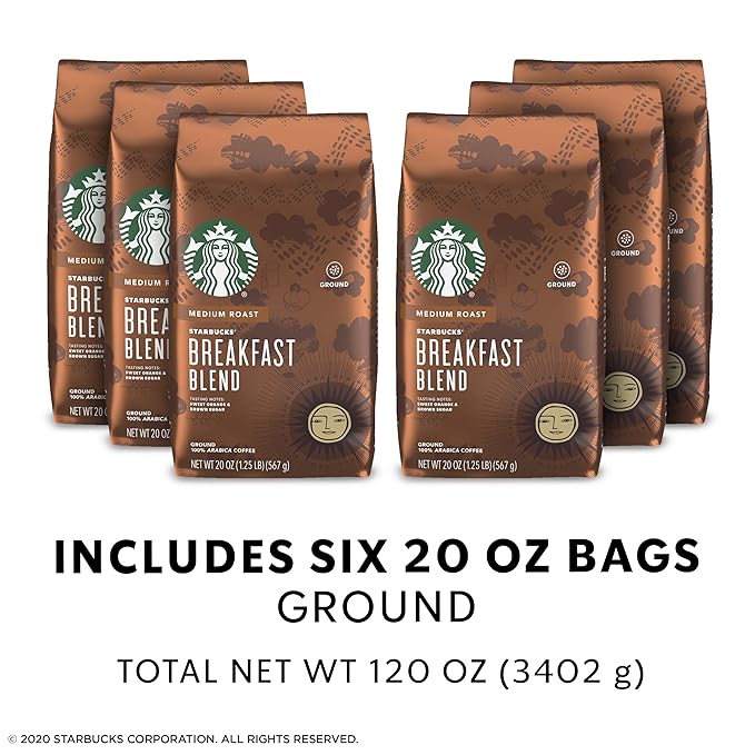 Starbucks Medium Roast Ground Coffee — Breakfast Blend — 100% Arabica — 6 bags (20 oz. each)