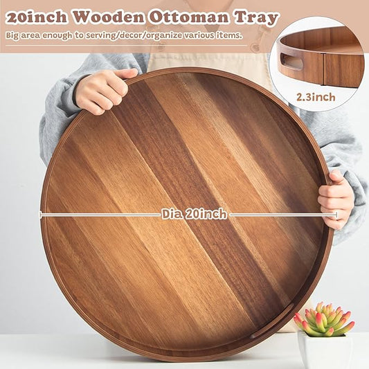 20 Inch Ottoman Coffee Table Tray with Handles, Large Round Wooden Serving Tray, Big Decorative Kitchen Organizer Giant Sofa Storage Trays Huge Counter Serveware