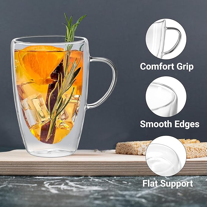 Double Wall Glass Coffee Mugs Set of 2 – 12oz Insulated Borosilicate Glass Cups with Handles – Clear Coffee, Tea & Latte Mugs
