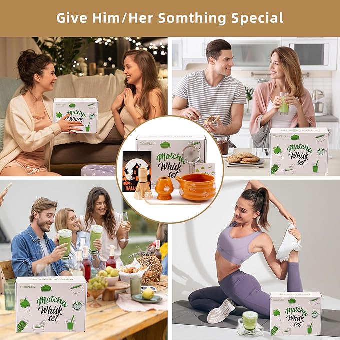 5pcs Pumpkin Matcha Set,Ceramic Bowl with Spout and Bamboo Whisk set, Ceremonical Matcha Kit for breakfast/latte,Tea Starter Making Kit,Unique Matcha Halloween Thanksgiving Gift set (pumpkin)