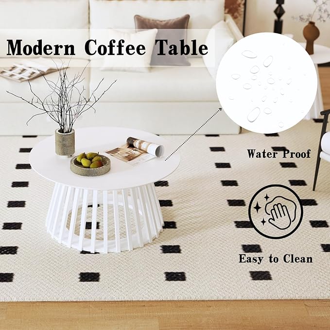 DUOMAY Modern Solid Wood Round Coffee Table with Geometric Base, Sturdy Wood Center Table for Living Room, Lounge, Office, White Color