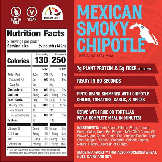 The Good Bean Heat and Eat Pouch - Mexican Smoky Chipotle - (4 Pack) 10 oz Pouch - Simmered Pinto Beans with Chipotle Chilies - Pre-Cooked Beans with Good Source of Plant Protein and Fiber