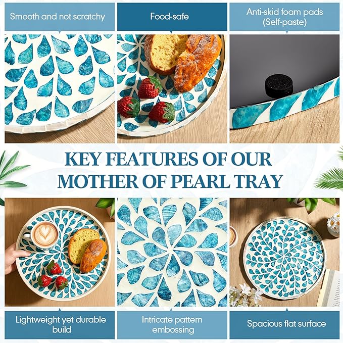 Chunful Mother of Pearl Round Serving Tray Wood Coffee Table Tray 10.4 Inch for Tea Breakfast Kitchen Cabinet(Teal Floral Style)