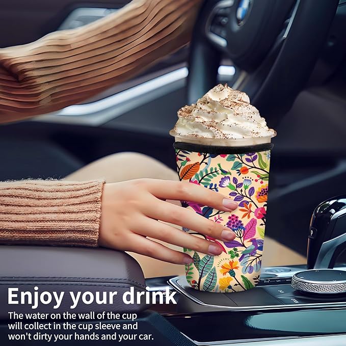 Reusable Neoprene Insulator Sleeve for Iced Coffee Cups, Medium 22-28oz Durable Drink Sleeve for Cold Beverages, Cute Beverage Holder Cup Sleeve for Women Men Boho Pink Floral