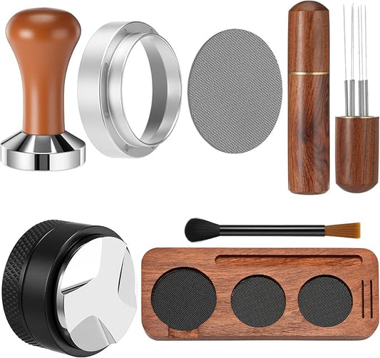 Ferrochef 7 Pcs Espresso Accessories Kit, 51 mm Coffee Tamper Set Espresso Machine Accessories Coffee Tamper Wdt Tool Dosing Funnel Puck Screen Brush Tamping Station for 51 mm Barista Tools