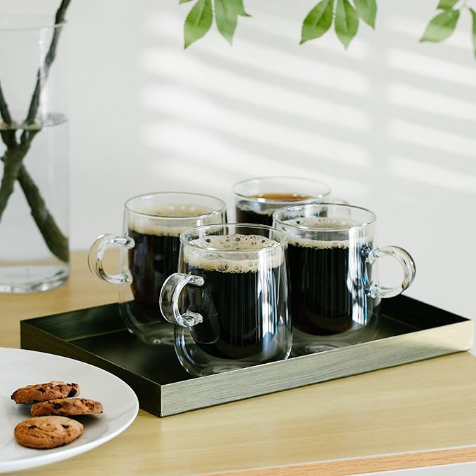 BTaT- Double Walled Glass Coffee Mugs, 12 oz, Set of 4, Glass Coffee Cups with Handle, Insulated Clear Coffee Mug for Hot and Cold Beverages, Cappuccino, Latte, Tea, Americano, Microwave Safe