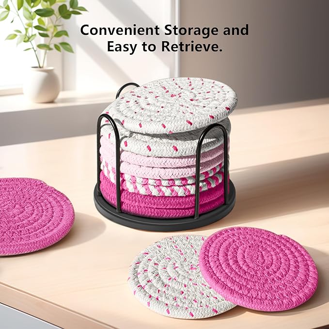 Coasters Set of 8 for Drinks, Beer, Coffee, Cotton Woven 4 Colors Absorbent Coaster with Holder, Boho Coasters for Home Decor Tabletop Protection Suitable for Kinds of Cups