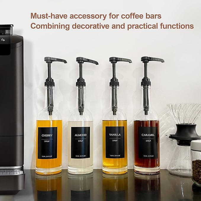 HCYWOC Coffee Syrup Dispenser, 25.4oz 750ml Glass Syrup Bottles, 4 Pack Syrup Dispenser for Coffee Bar With Large Leakproof Syrup Pump, 38 Labels, 120ml Espresso Cups