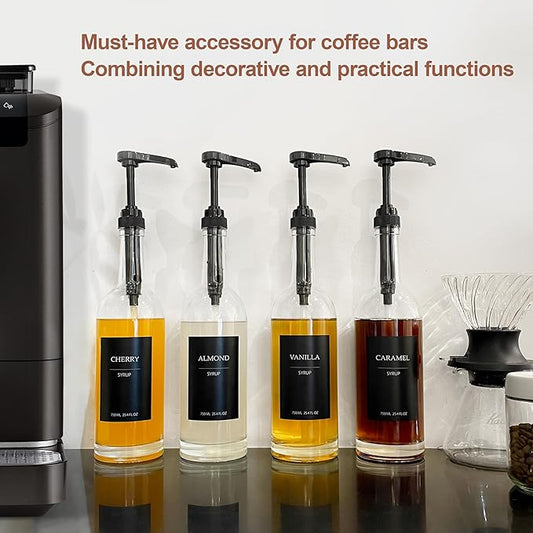 HCYWOC Coffee Syrup Dispenser, 25.4oz 750ml Glass Syrup Bottles, 4 Pack Syrup Dispenser for Coffee Bar With Large Leakproof Syrup Pump, 38 Labels, 120ml Espresso Cups
