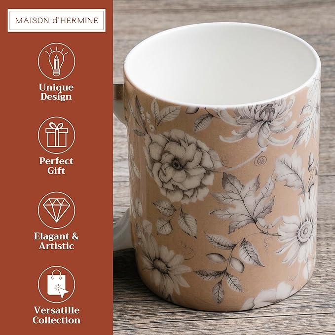 Maison d' Hermine Coffee Mug with Handles Fine Bone China Mugs Pack of One Tea Cups for Hot Beverages Cappuccino Latte Home Restaurant Office Perfect for Gift (Pretty Autumn - Pretty Mono, 15 Ounce)