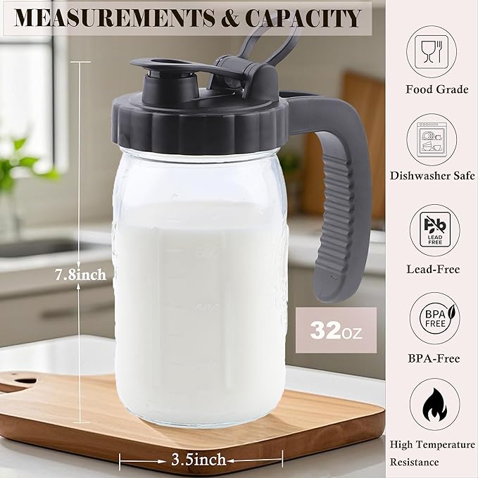 Mason Jar Pitcher With Pour Spout Lids 32 Oz Breast Milk Pitcher Wide Mouth 1 Quart Airtight & Leakproof Glass Jug With Handle And Flip Cap Lid For Fridge, Iced Tea, Coffee, Lemonade, Juice, 2 Set