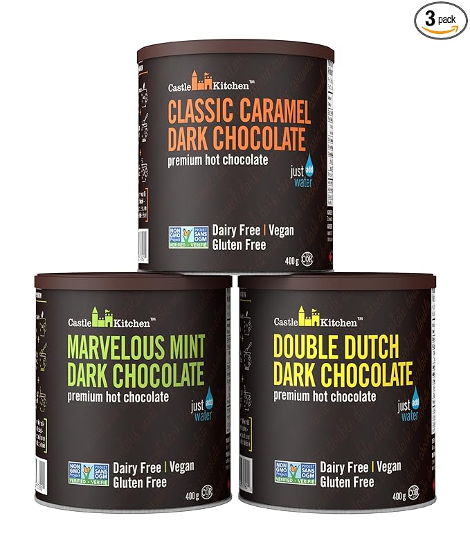 Castle Kitchen Natural Hot Chocolate Mix Variety Pack (42 Oz) - Dairy-Free, Vegan Complete Mixes - Just Add Water - Pack of 3 (Classic Caramel, Marvelous Mint Dark Chocolate) 14 oz Each