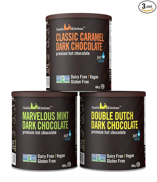 Castle Kitchen Natural Hot Chocolate Mix Variety Pack (42 Oz) - Dairy-Free, Vegan Complete Mixes - Just Add Water - Pack of 3 (Classic Caramel, Marvelous Mint Dark Chocolate) 14 oz Each