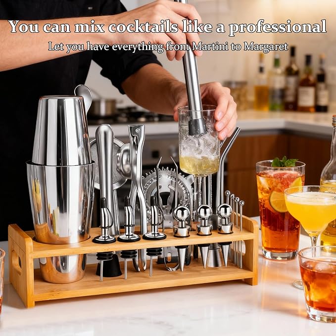 JUSTDOMI 26-Piece Stainless Steel Bar Tool Set Bartender Accessories, Cocktail Shaker Set Bartender Kit with Stand, Cocktails Kit with Muddler for Bar Accessories, Home, Party Cafe Drinks-Style 1