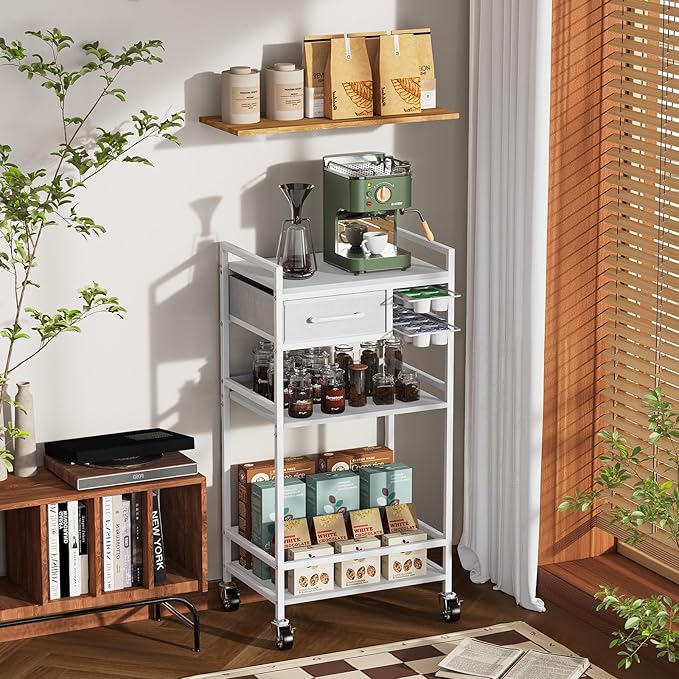 Housolution 4-Tier Coffee Bar Cart with Storage, 33" H Coffee Station Cabinet with Pod Drawers for Nespresso Vertuo, Mini Toaster Oven Stand Table for Home, Kitchen, Living Room (White + Grey)