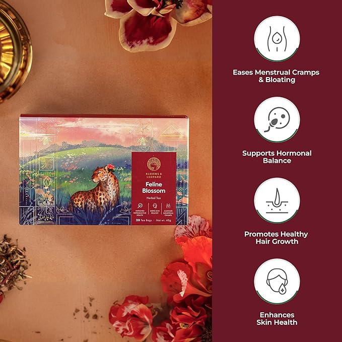 Blooms & Leopard Premium Herbal Tea Bags – Feline Blossom Blend with Hibiscus, Licorice, Fennel, Tulsi & Shatavari – Caffeine-Free Tea – 20 Pyramid Tea Bags, Caffeine-Free for Hot or Iced Tea