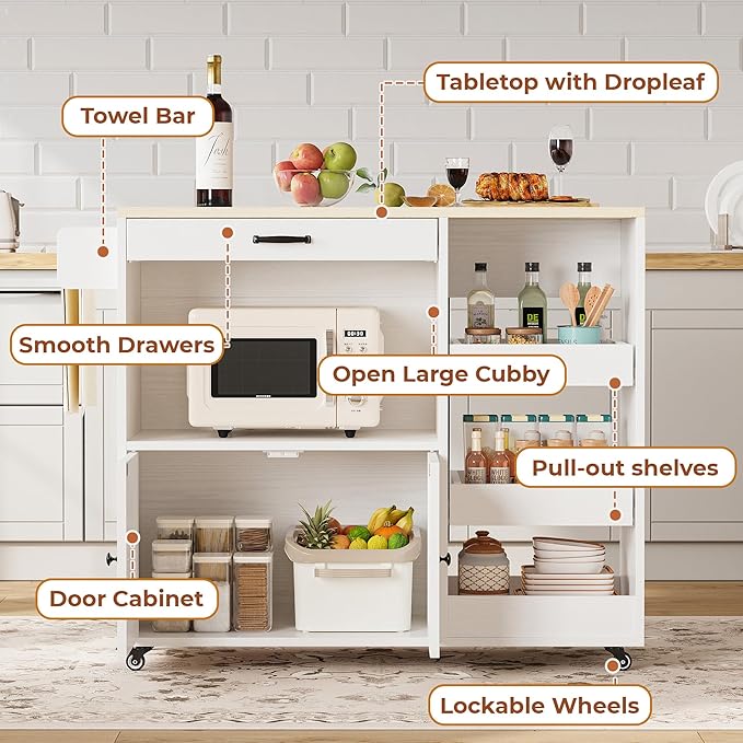 LIKIMIO Kitchen Island with Drop Leaf, Rolling Kitchen Island Cart on Wheels with Storage, Microwave Cart with Pull Out Open Shelves and Drawer, Mobile Kitchen Storage Islands, White
