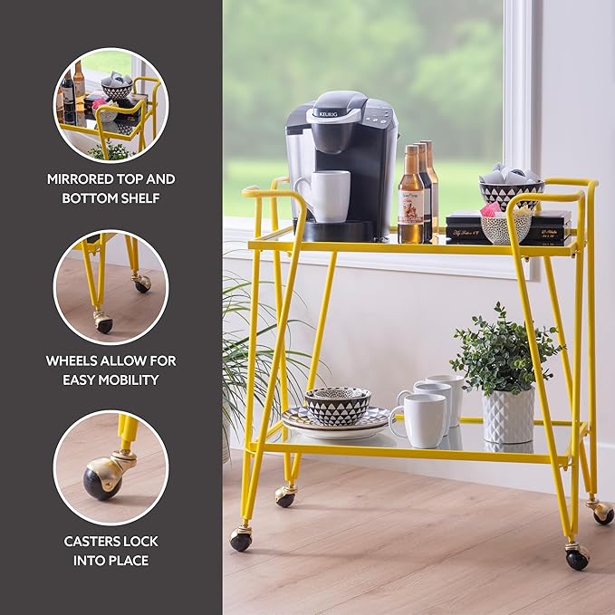 Gina Yellow Mid Century Bar Cart with Mirrored Shelves by Linon