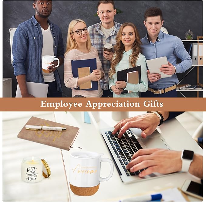 4 Pcs Thank You Gift for Women Men Employee Coworker Inspirational Appreciation Gifts Notebook Coffee Mug Scented Candle Pen Gift for Valentine's Day Team Office Staff Nurse Volunteer(Khaki)