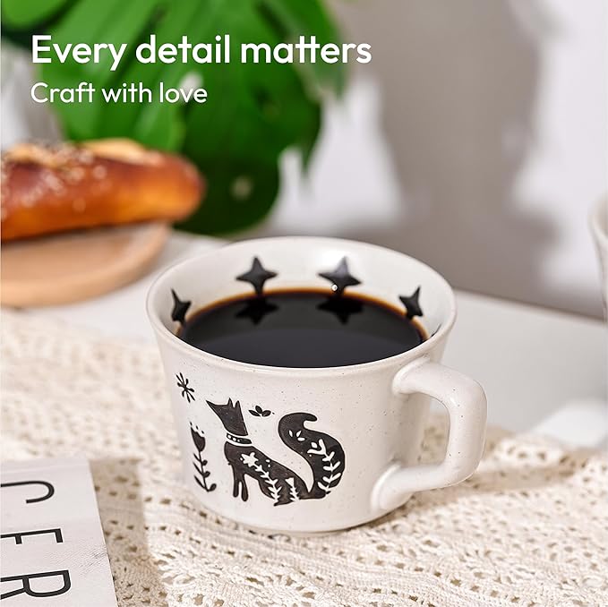LINVIA Ceramic Coffee Mug, 12 oz Novelty Unique Teacup with Handle, Stoneware Cup for Tea Mocha Latte Cappuccino Espresso (Set of 4, Fox and Bear)