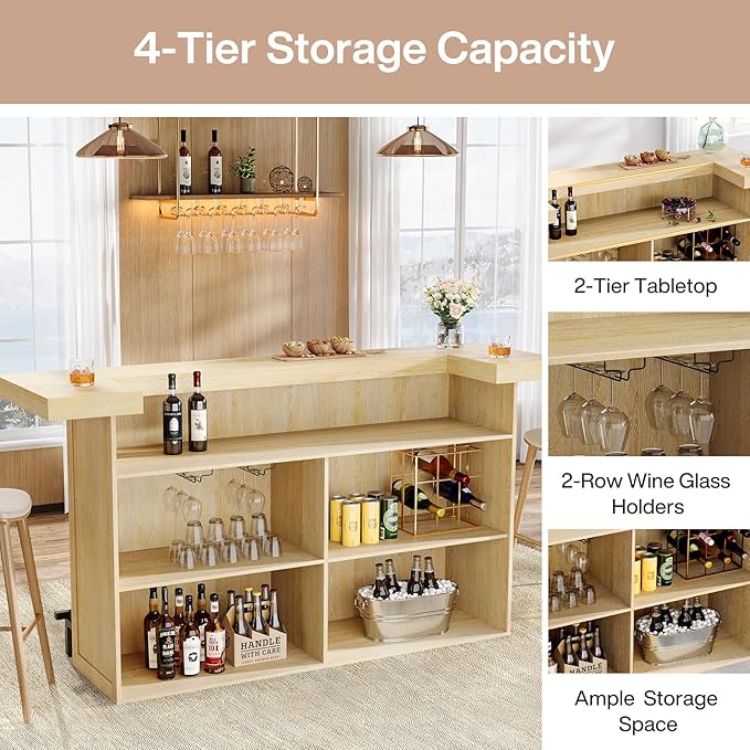 Tribesigns 4-Tier Bar Table, 70.9-Inch Large Wooden Home Bar Unit with Wine Glass Holder and Black Footrest, Pub Table with Storage Shelves for Home, Patio, Basement, Oak
