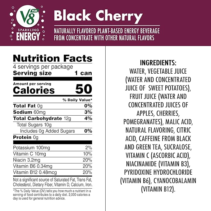 V8 +ENERGY Black Cherry Energy Drink, 11.5 fl oz Can (Pack of 4)