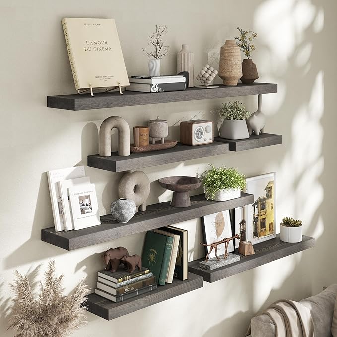 Marsmiles Floating Shelves for Wall - Small Grey Wood Floating Shelves Set of 2-16 Inch Wide x 7.7 Inch Deep x 1.6 Inch Thick Rustic Grey Wooden Shelves for Room Wall