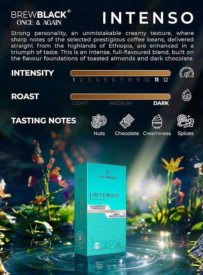 BrewBlack Intenso Coffee Capsules - 120 Aluminum Coffee Pods Compatible with Nespresso Original line, Dark Roast - Intensity 11/12, Made in Italy
