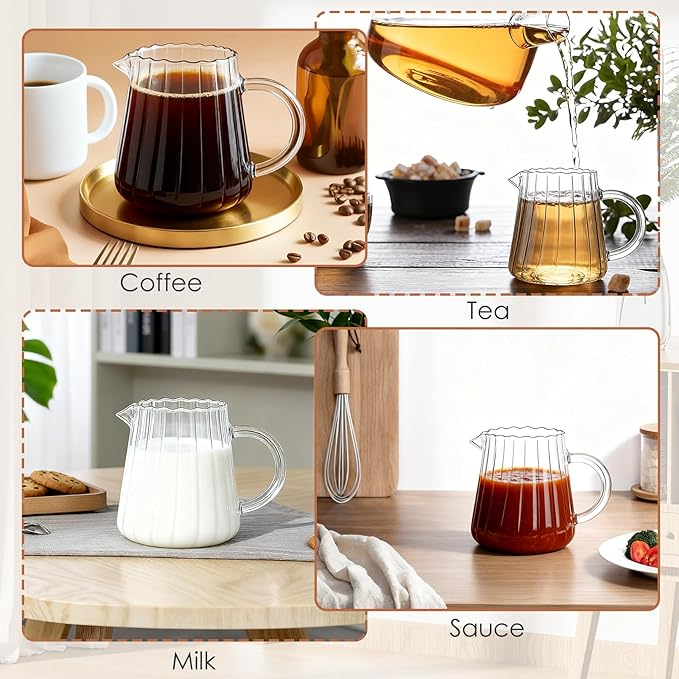 2 Pcs Small Glass Creamer Pitcher With Box, 250ml Creamer Pitcher with Handle, Elegant Wave Shaped Small Glass Pitchers, Milk Frothing Pitchers, Serving Jug for Kitchen,Coffee Bar,Home