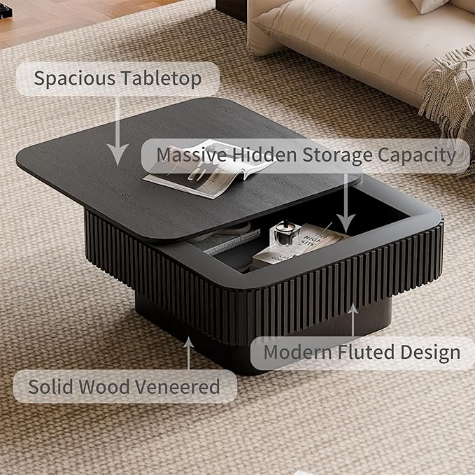 SZTHHDF Square Coffee Table for Living Room,Fluted Drum Accent Tea Center Table with Storage,Solid Wood Modern Coffee Tables for Small Space Office Apartment (31.5" L×31.5''W×14''H-Black)
