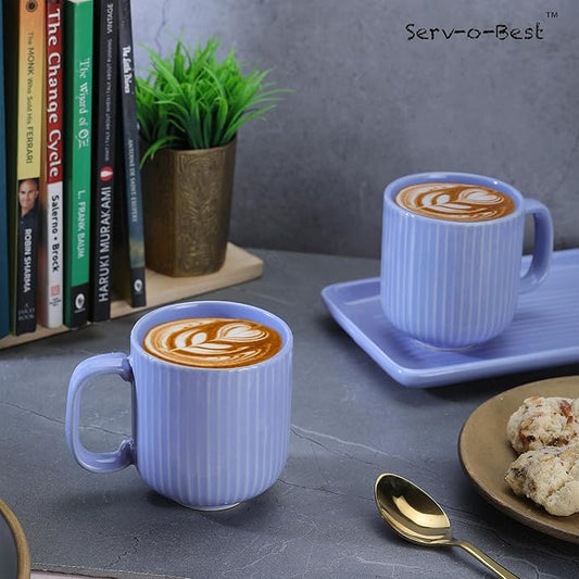 Ceramic Coffee Mugs with Handle Set – 2-Piece 11 Oz Ceramic Coffee Cups & 9" Tray, Handmade Cornflower Blue Color, Microwave Safe Gift Set for Tea Lovers, Home Kitchen Décor