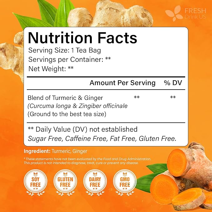 FreshDrinkUS, Premium 135 Turmeric Ginger Tea Bags, 100% Natural Ingredients, Hand-made Blend of Turmeric and Ginger Herbal Tea, Eco-conscious Tea Bags. No Sugar, No Caffeine, No Gluten, Vegan.