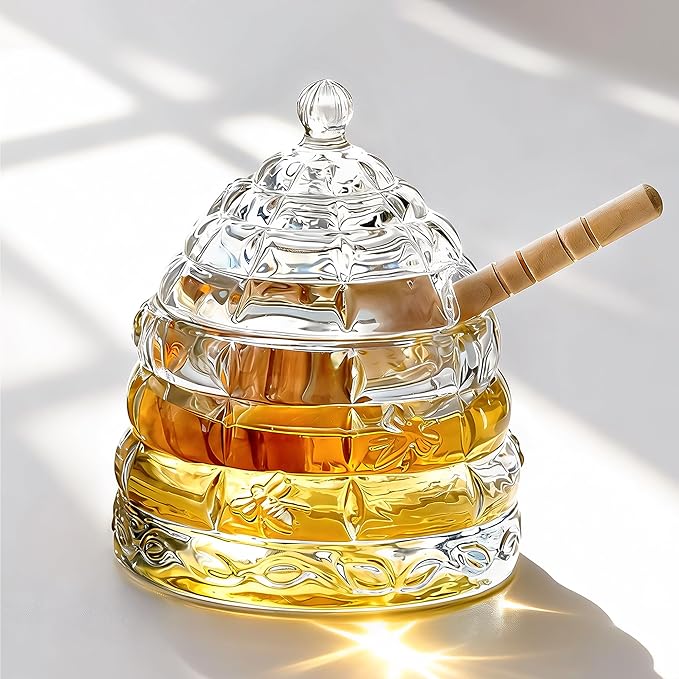 kanpura Honey Pot with Dipper and Lid 3.7oz Glass Honey Jar with Wooden Dippers Stick Set Syrup Dispenser for Home Kitchen (Clear)