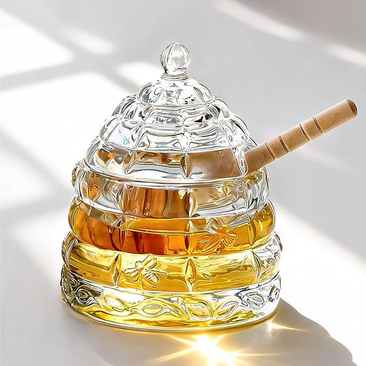 kanpura Honey Pot with Dipper and Lid 3.7oz Glass Honey Jar with Wooden Dippers Stick Set Syrup Dispenser for Home Kitchen (Clear)