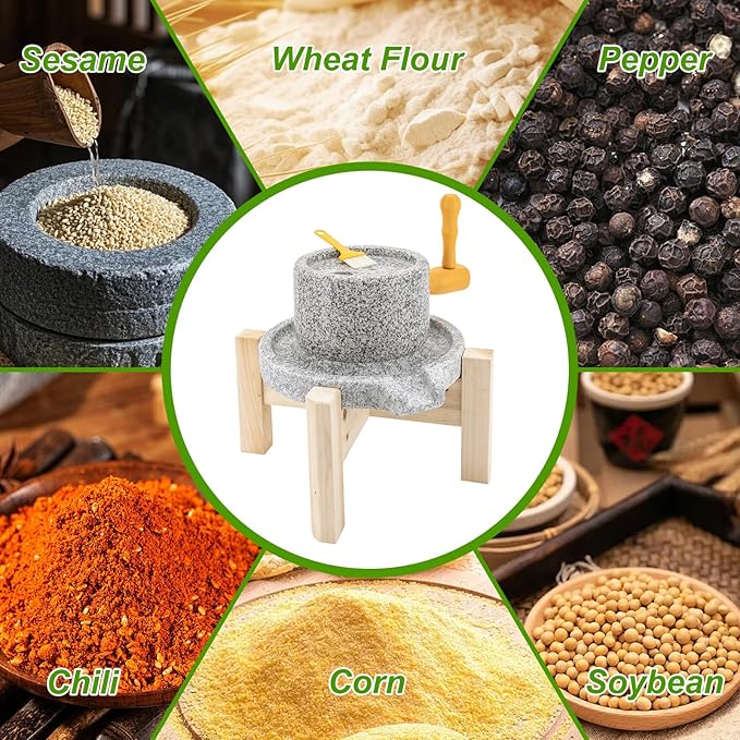 Stone Grain Mill w/Solid Wood Base Stone Grain Mill Grinder for Home - Handmade Traditional Countertop Mill Disc Grainer Mill Hand Crank Food Natural Disk Grinder for flour Spiced Barley Soy Tortillas