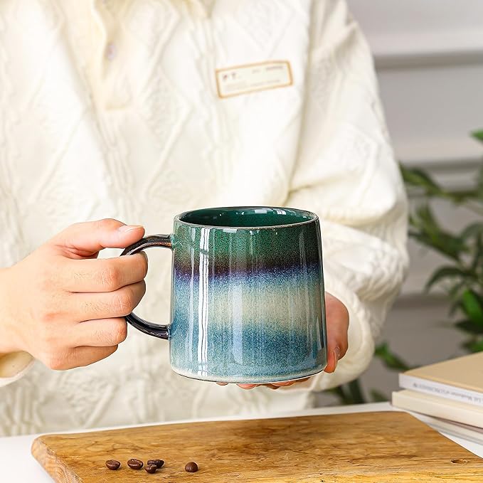 Mkour 20oz Large Ceramic Coffee Mugs, Handmade Cup, Big Tea Cups with Large Handle for Office and Home, Microwave and Dishwasher Safe (Ink Green)