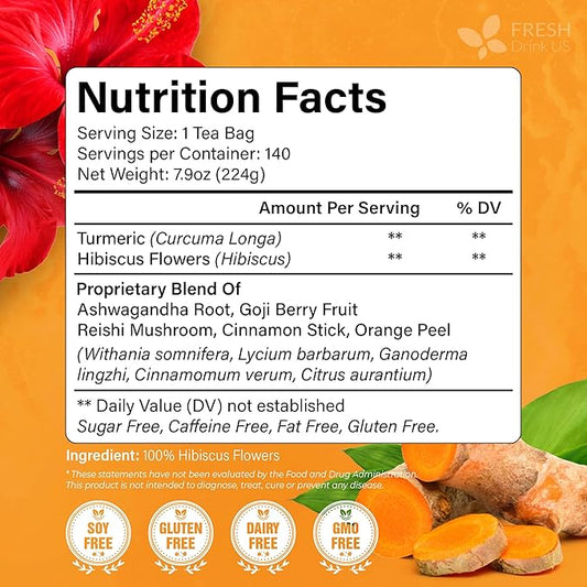 FreshDrinkUS, Premium Harmony Herbal Tea | 60 Tea bags | 100% Natural Turmeric, Hibiscus, Ashwagandha, Goji Berry, Reishi, Cinnamon & Orange Peel – Naturally Aromatic Caffeine-Free Tea