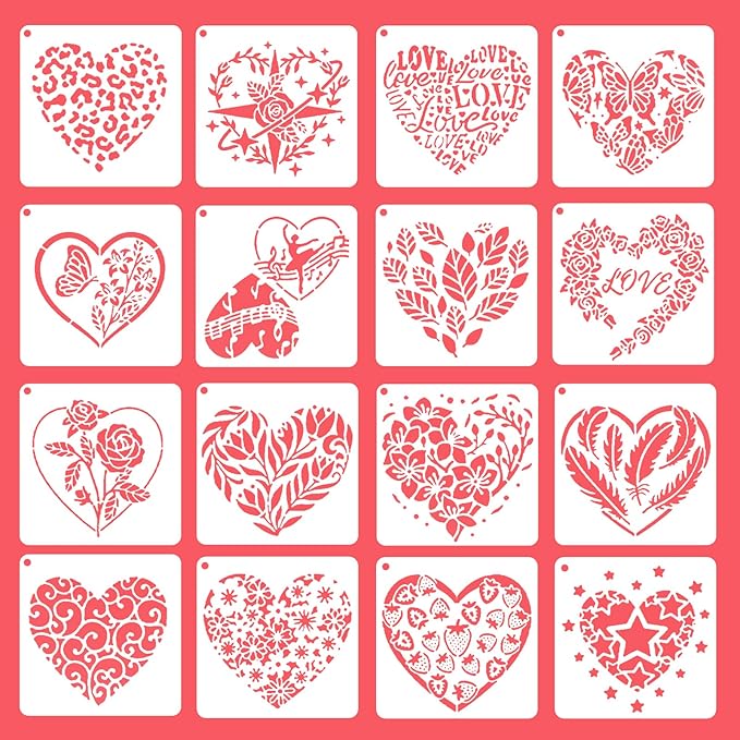 Valentines Day Cake Stencils Kit Reusable Cookie Coffee Stencil Drawing Template for Dessert Buttercream Painting Envelopes DIY Crafts Wall Floor Decor (16 Pcs Heart)