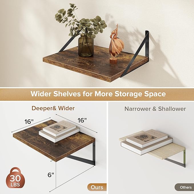 Deep Floating Shelves Wall Mounted, 16"x12" Brown Wood Shelves with Brackets Set of 2 for Bedroom, Living Room, Bathroom, Kitchen, Office - Storage & Display Shelf for Decor, Books, Plants