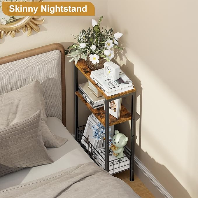 X-cosrack Narrow Side Table, Small End Table with Storage, 3-Tier Skinny Night Stand for Living Room, Bedroom, Small Spaces, Rustic Brown & Black(Patent Pending)