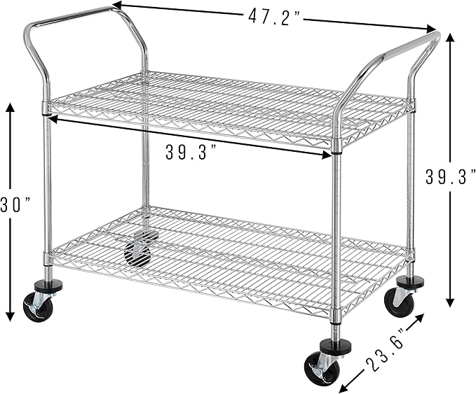 Finnhomy 2 Tier Commercial Grade Rolling Cart, Heavy Duty Utility Cart, Carts with Wheels and Handles, Kitchen Carts on Wheels, Metal Cart with 600 lbs Capacity, Shelf Size 23.6"Dx47.2"W x 39.4"H, NSF